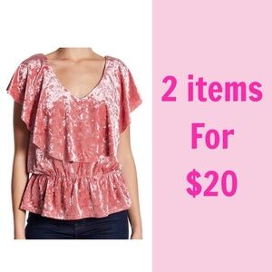 3/$30 Free Press Womens Red Baroque Short Sleeve Velvet Ruffle Blouse Size Large